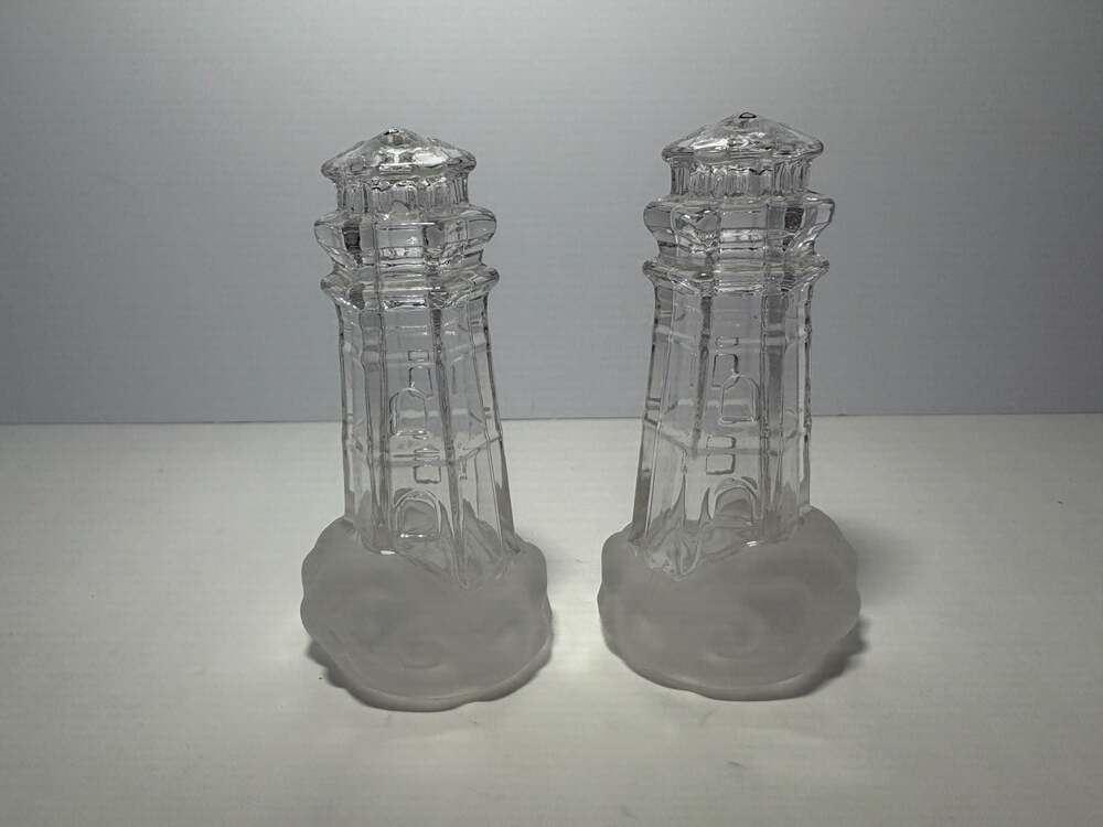 Lenox Full Lead Crystal Lighthouse Salt & Pepper Shakers Frosted Base
